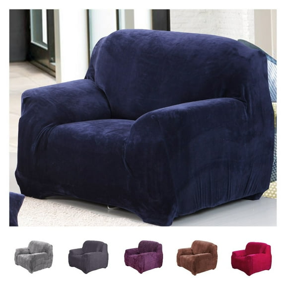 Velvet Sofa Cover Single Chair Plush Couch Cover Slipcover All-Inclusive Protector Washable with Non-Slip Straps, Navy Blue