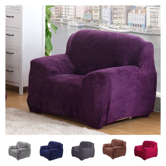 Velvet Sofa Cover Single Chair Plush Couch Cover Slipcover All-Inclusive Protector Washable with Non-Slip Straps, Purple