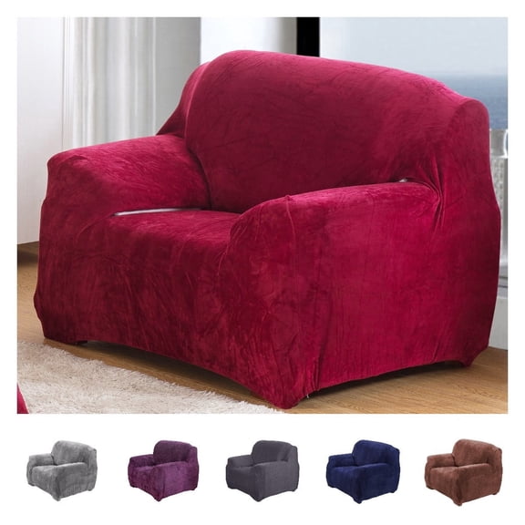 Velvet Sofa Cover Single Chair Plush Couch Cover Slipcover All-Inclusive Protector Washable with Non-Slip Straps, Red