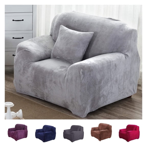 Velvet Sofa Cover Single Chair Plush Couch Cover Slipcover All-Inclusive Protector Washable with Non-Slip Straps, Silver Gray