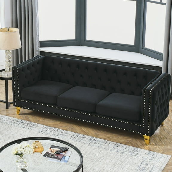 Velvet Sofa for Living Room,Buttons Tufted Square Arm Couch, Modern Couch Upholstered Button and Metal Legs, Sofa Couch for Bedroom, Beige Velvet (Black)