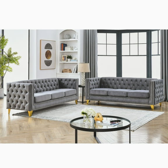 Velvet Sofa for Living Room,Buttons Tufted Square Arm Couch, Modern Couch Upholstered Button and Metal Legs, Sofa Couch for Bedroom, Black Velvet ,2Pcs (Gray)