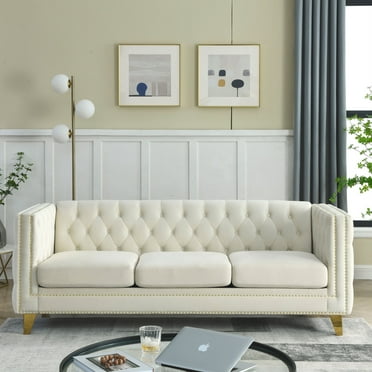Velvet Sofa for Living Room, Modern Buttons Tufted Square Arm Couch with Gold Nail Heads and 4 Golden Metal Legs,  Couch Upholstered Button, Sofa Couch for Bedroom, Beige