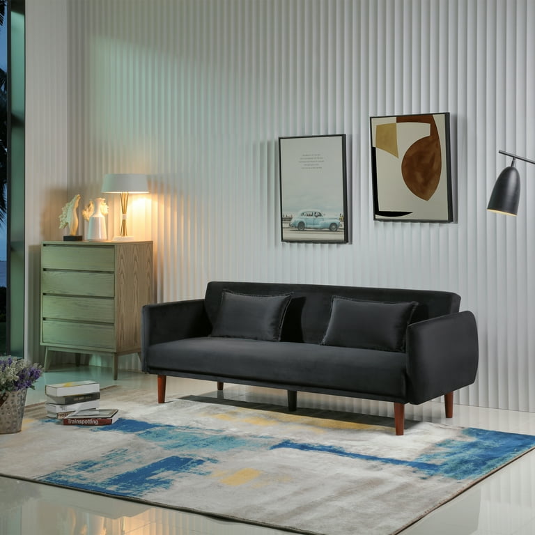 Velvet Sofa Mid Century Modern Couch With Square Arms Wood Legs Tufted Back 3 Seat Comfy Couch For Living Room Small Space Apartment Bedroom Walmart