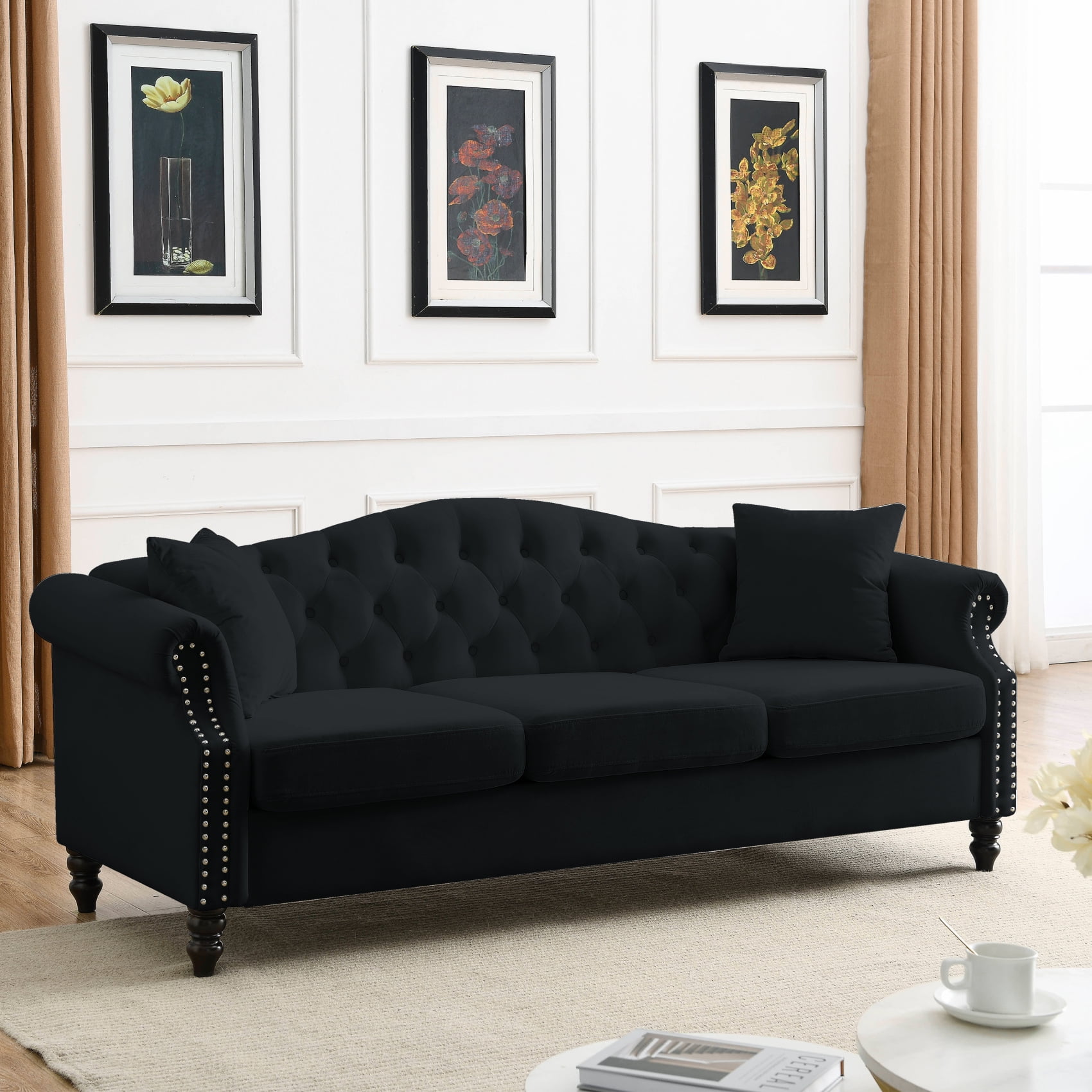 Velvet Sofa Set 3 Seater and 3 Seater Sofa Tufted Velvet Upholstered Couch Modern Sofa with Rolled Arms Tufted Back and 4 Pillows for Living Room Bedroom Office Apartment Black Walmart