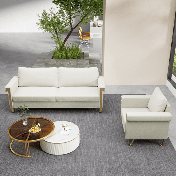 Velvet Sofa and Chair Set, Mid-Century Modern Design with Plush Cushions and Gold Legs for Living Room Lounge in Cream White