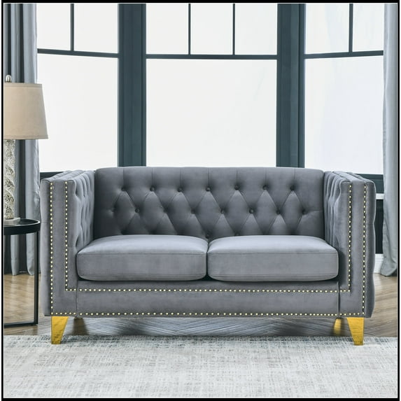 Velvet Sofa for Living Room,Buttons Tufted Square Arm Couch, Couch Upholstered Button