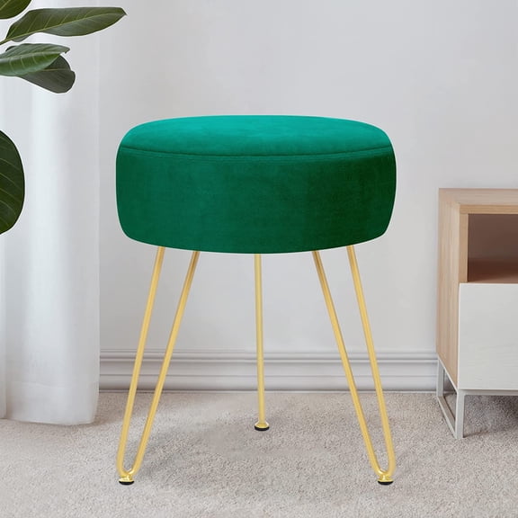 Velvet Soft Modern Vanity Footstool -Round Footrest Stool Ottoman Side Table Seat Dressing with Golden Metal Leg and Sponge Filling,Upholstered Foot Rest, for Living Room and Bedroom Teal