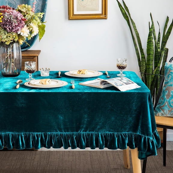Velvet Solid Rectangle Tablecloth, Luxurious Oblong Retro Farmhouse Ruffle, Washable Table Cover for Party Wedding Baby Shower Kitchen Dining Tabletop Decor