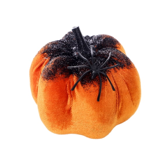 Velvet Spider Pumpkin Halloween Decor – Boho Goth Faux Stuffed Jack-O-Lantern Ornaments with Glitter Accents for Autumn Tabletop and Mantel Centerpiece
