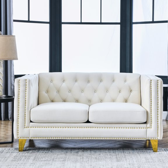 Velvet : Square Arm Design With Metal Legs For A Chic Living Room In Beige: Style Button Tufting And