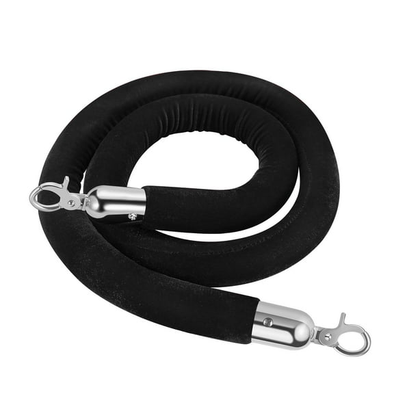 Velvet Stanchion Rope (5FT, 1 Pack) 1.5" Thick Black Cord for Ball Crown Top Style Barriers Post, Crowd Queue Line Safe Control, Round Velour with Silver Plated Polished Stainless Steel Snap Hook