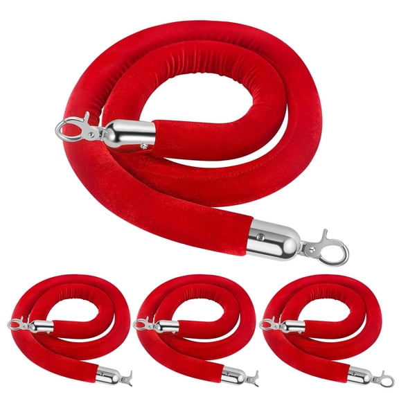 Velvet Stanchion Rope (5FT, 2 Pack) 1.5" Thick Red Cord for Ball Crown Top Style Barriers Post, Crowd Queue Line Safe Control, Round Velour with Silver Plated Polished Stainless Steel Snap Hook