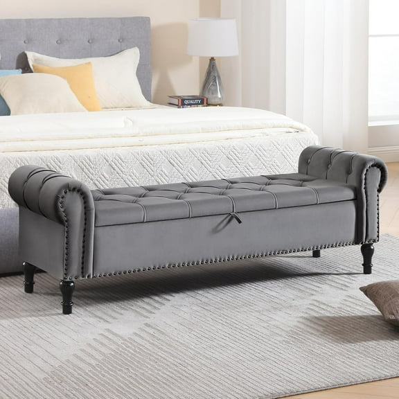 Velvet Storage  67 Inch Upholstered Tufted Ottoman  with Rolled Arms Large Storage Space King Size End of Bed  for Bedroom Living Room Entryway Dark Grey