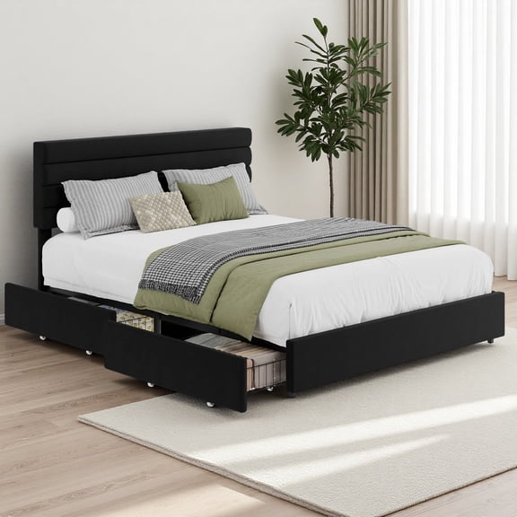 Velvet Storage Bed with 4 Drawers – Upholstered Platform Bed Frame with Soft Headboard, No Box Spring Needed, 800 lbs Capacity, Easy Assembly