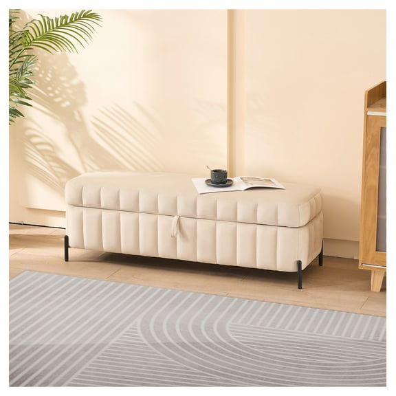 Velvet Storage Bench, 49.21" Wide Ottoman Footstool - Beige Living Room Entryway Bed End Bench with Metal Legs & Hidden Storage