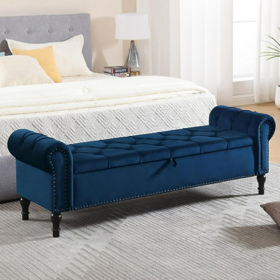 Velvet Storage Bench 67 Inch Upholstered Tufted Ottoman Bench with Arms Large Storage Space King Size End of Bed Bench for Bedroom Living Room Entryway Navy Blue