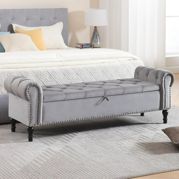 Velvet Storage Bench 67 Inch Upholstered Tufted Ottoman Bench with Arms King Size End of Bed Bench for Bedroom Living Room Entryway Grey