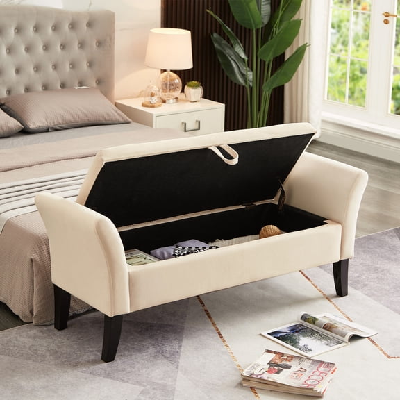 Velvet Storage Bench with Arms, Upholstered End of Bed Bench, Button Tufted Entryway Bench for Living Room, Bedroom, Hallway, 350LBS Weight Capacity, Beige