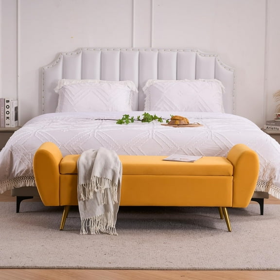 Velvet Storage Bench for Bedroom, 57" Extra Long Bench for King Size Bed, Modern Upholstered End of Bed Ottoman Bench with Arms and Gold Legs for Entryway Living Room