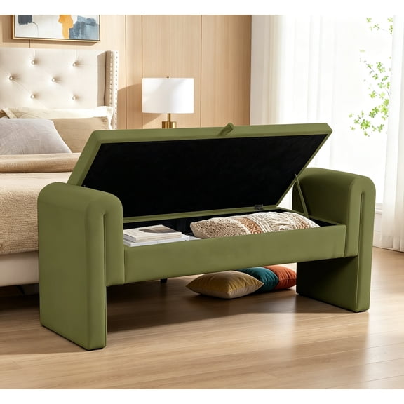 Velvet Storage Bench for Bedroom End of Bed, 60.5-Inch Upholstered Button Tufted Ottoman Bench with Rolled Arms, Button-Tufted Ottoman for Living Room, Entryway, Green