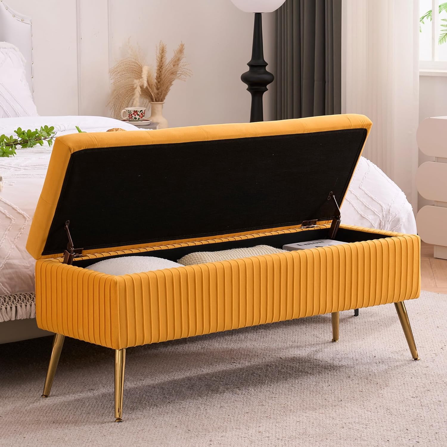 Velvet Storage Bench for Bedroom, Rectangle Upholstered End of Bed ...