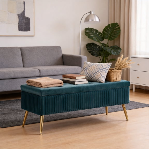 Velvet Storage Bench for Bedroom, Rectangle Upholstered End of Bed Bench, Modern Tufted Ottoman with Gold Legs for Living Room, Window, Entryway, Teal, 45.5" W