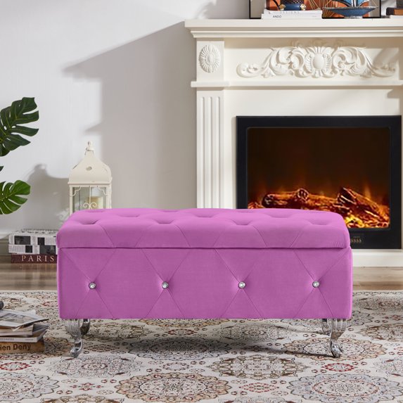 Velvet Storage Bench, Flip Top Entryway Bench, Crystal Button tufted End of Bed Bench with Metal Legs and Safety Hinge for Entryway, Living Room, Bedroom. Purple.