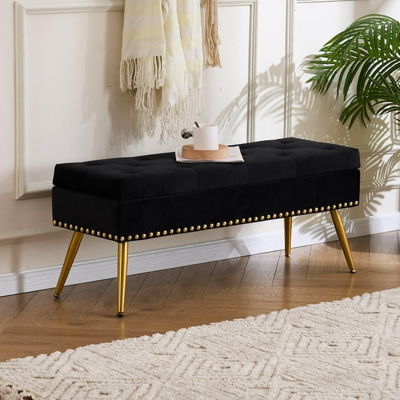 Velvet Storage Bench with Gold Legs and Nailhead Trim, 40" Wide Upholstered Modern Bedroom Bench for End of Bed, Tufted Ottoman for Entryway Living Room Dining Room