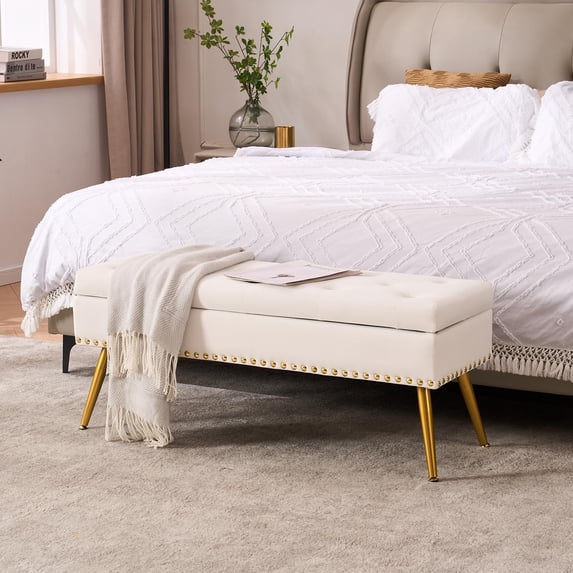 Velvet Storage Bench with Gold Legs and Nailhead Trim, 40" Wide Upholstered Modern Bedroom Bench for End of Bed, Tufted Ottoman for Entryway Living Room Dining Room