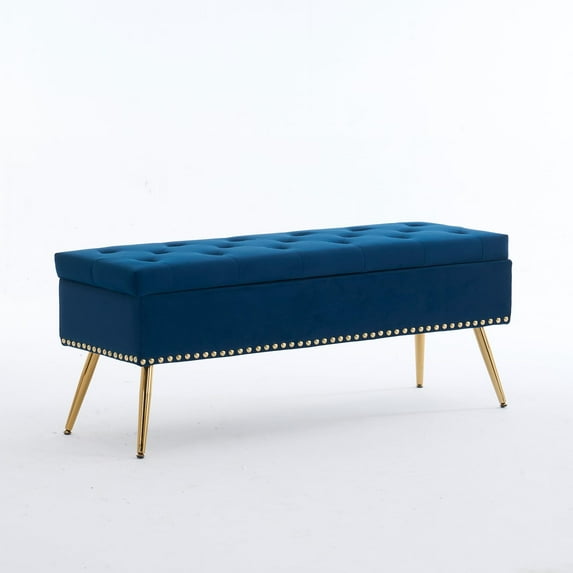 Velvet Storage Bench with Gold Legs and Nailhead Trim, 46" Wide Upholstered Modern Bedroom Bench for End of Bed, Tufted Ottoman for Entryway Living Room Dining Room