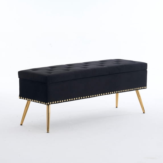 Velvet Storage Bench with Gold Legs and Nailhead Trim, 46" Wide Upholstered Modern Bedroom Bench for End of Bed, Tufted Ottoman for Entryway Living Room Dining Room