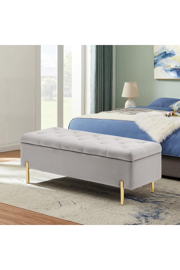 Velvet Storage Bench Ottoman with Soft Close Lid, End of Bed Bench Upholstered Fabric Storage Ottoman Bench for Bedroom Entryway Living Room, Grey