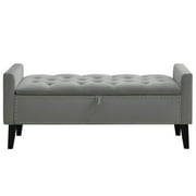Velvet Storage Bench, Upholstered Bed Bench with Storage, End of Bed Ottoman with Wooden Legs,Bedside Storage Bench for Bedroom, Living Room, or Entryway, Grey
