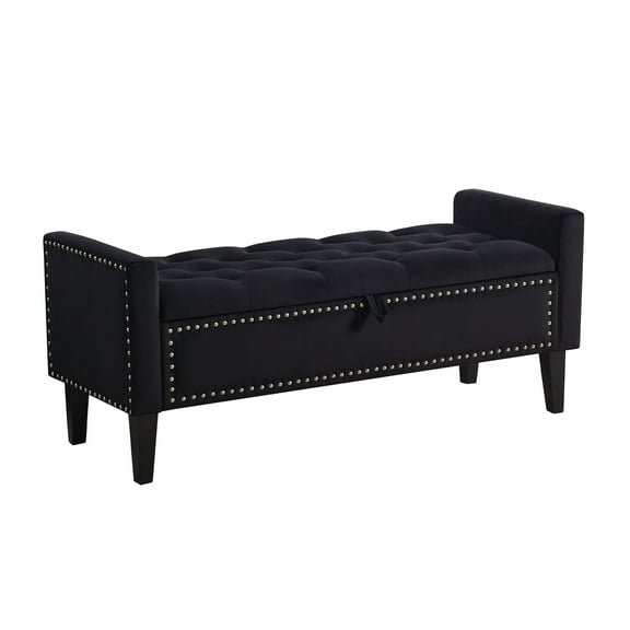 Velvet Storage Bench, Upholstered Bed Bench with Storage, End of Bed Ottoman with Wooden Legs,Bedside Storage Bench for Bedroom, Living Room, or Entryway, Black