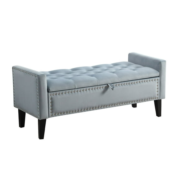 Velvet Storage Bench, Upholstered Bed Bench with Storage, End of Bed Ottoman with Wooden Legs,Bedside Storage Bench for Bedroom, Living Room, or Entryway, Blue Grey