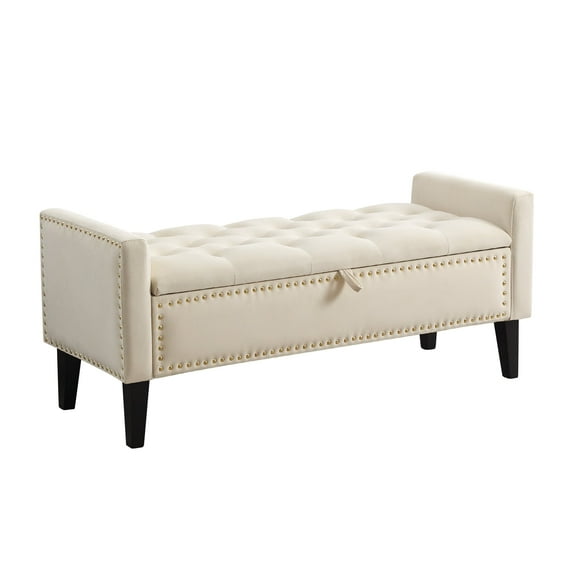 Velvet Storage Bench, Upholstered Bed Bench with Storage, End of Bed Ottoman with Wooden Legs,Bedside Storage Bench for Bedroom, Living Room, or Entryway, Beige