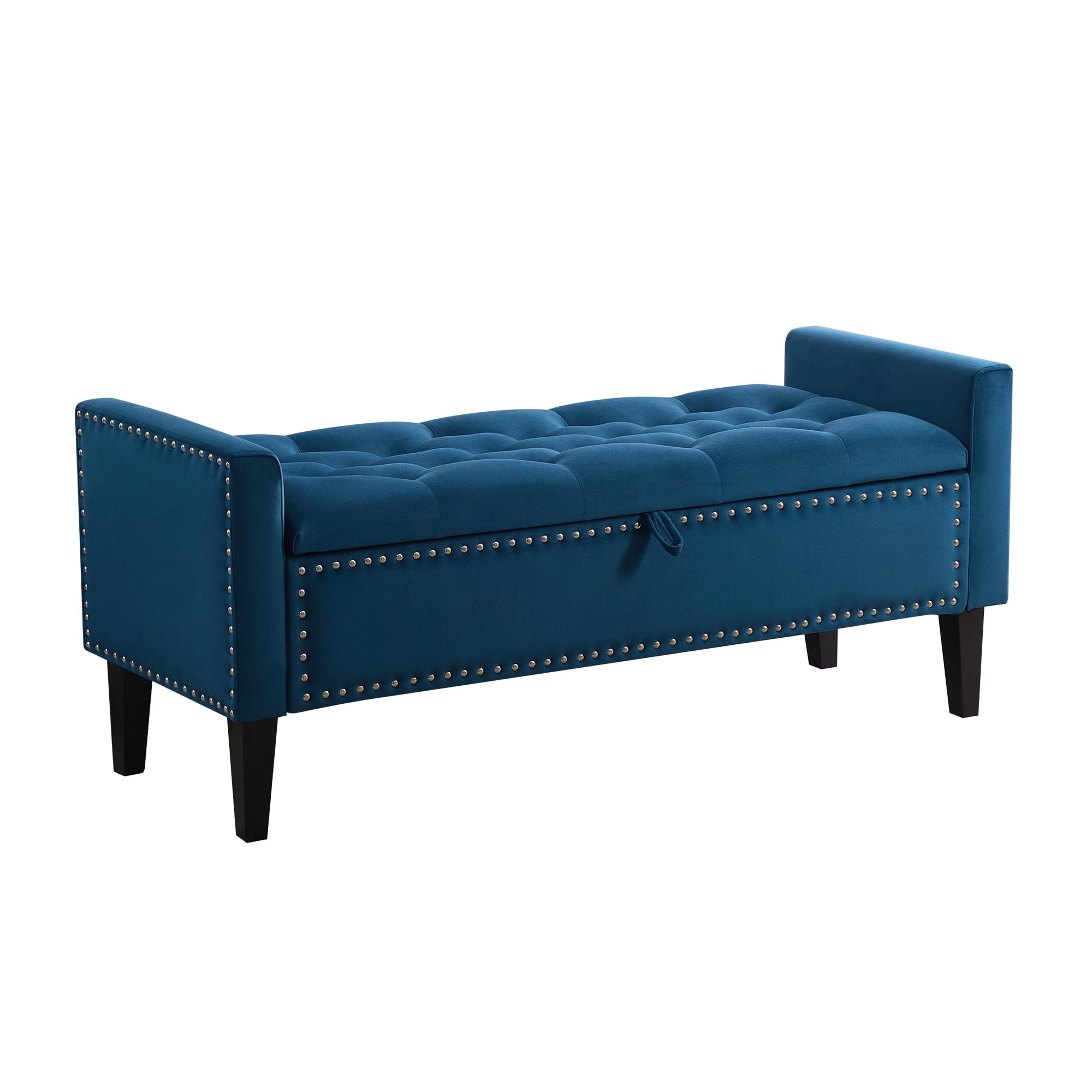 Velvet Storage Bench, Upholstered Bed Bench with Storage, End of Bed Ottoman with Wooden Legs,Bedside Storage Bench for Bedroom, Living Room, or Entryway, Blue