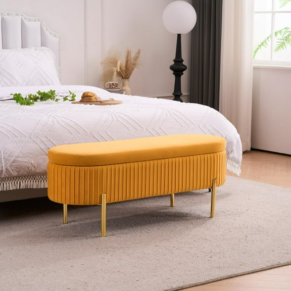 Velvet Storage Bench for Bedroom Upholstered End of Bed Bench Oval 45.5"W Modern Ottoman with Gold Legs for Living Room/Window/Entryway