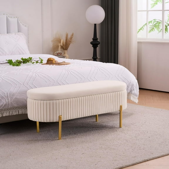 Velvet Storage Bench for Bedroom Upholstered End of Bed Bench Oval 45.5"W Modern Ottoman with Gold Legs for Living Room/Window/Entryway