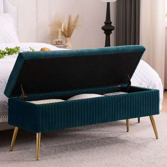Velvet Storage Bench for Bedroom Upholstered End of Bed Bench Rectangle-45.5" W Modern Ottoman with Gold Legs for Living Room/Window/Entryway