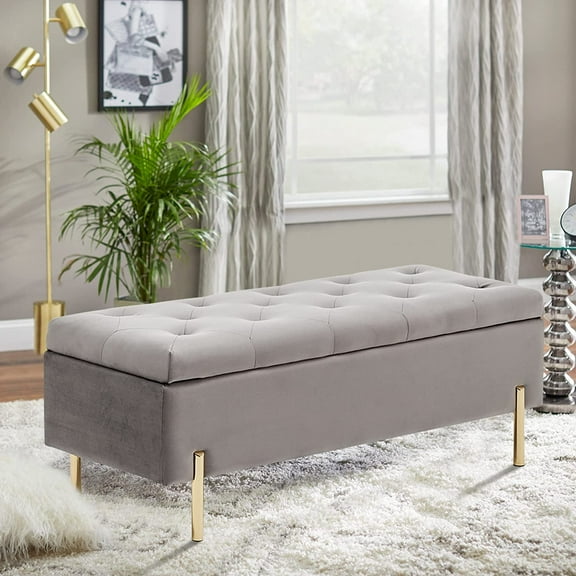 Velvet Storage Bench for Bedroom Upholstered Tufted Bed Bench with Storage Living Room Entryway Rectangular Ottoman Bench with Gold Legs Gray