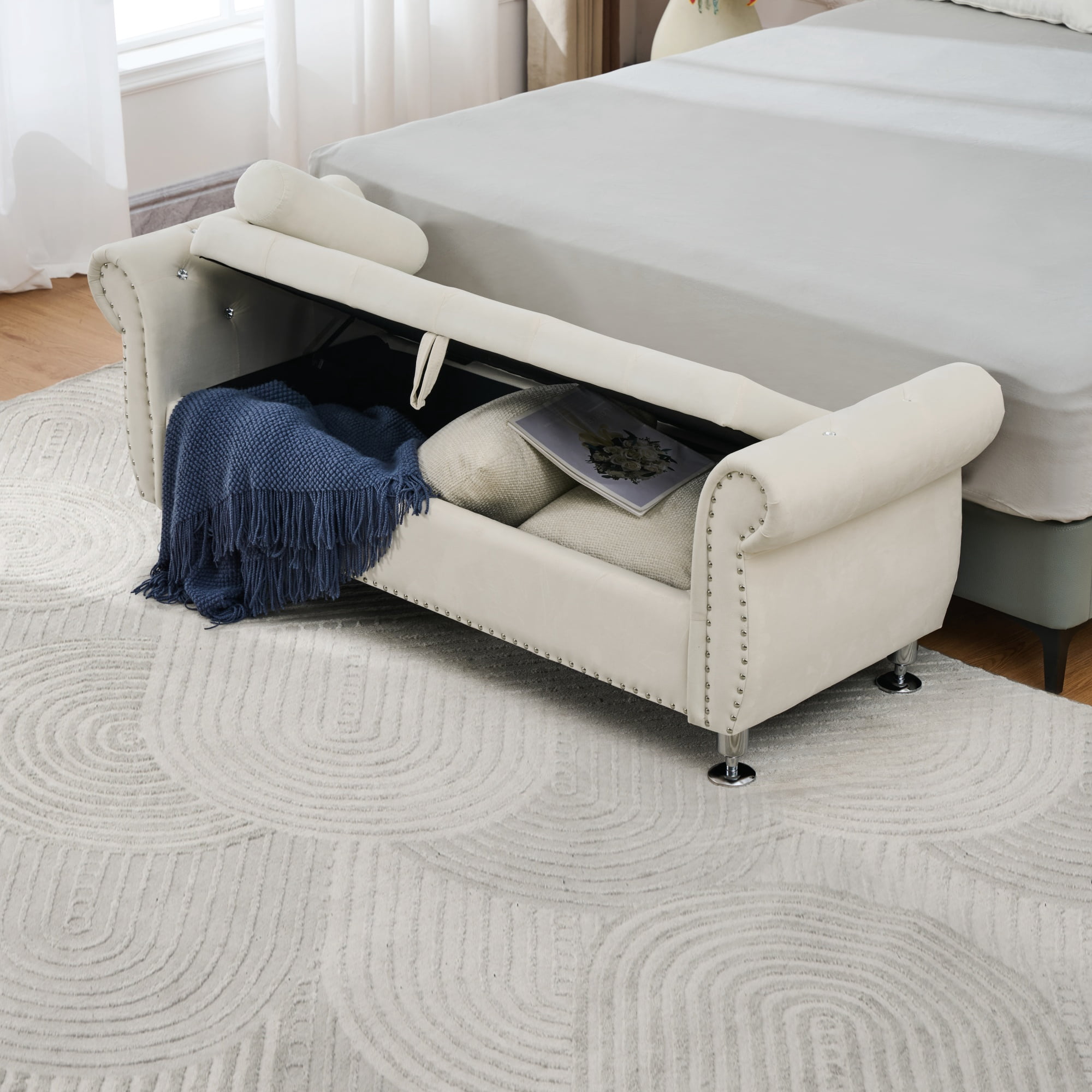 Velvet Storage Bench with Crystal Buttons and Pillow, 62.2-Inch Ottoman with Safety Hinge Design for Bedroom and Living Room, Beige
