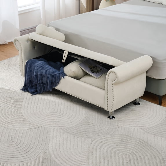 Velvet Storage Bench with Crystal Buttons and Pillow, 62.2-Inch Ottoman with Safety Hinge Design for Bedroom and Living Room, Beige