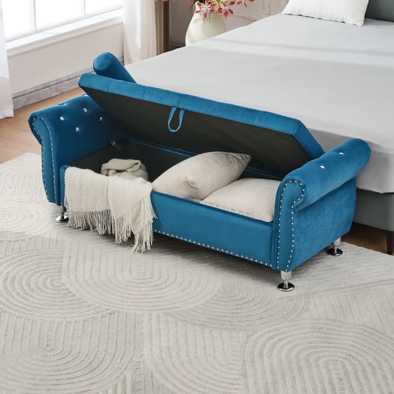 Velvet Storage Bench with Crystal Buttons and Pillow, 62.2-Inch Ottoman with Safety Hinge Design for Bedroom and Living Room, Blue