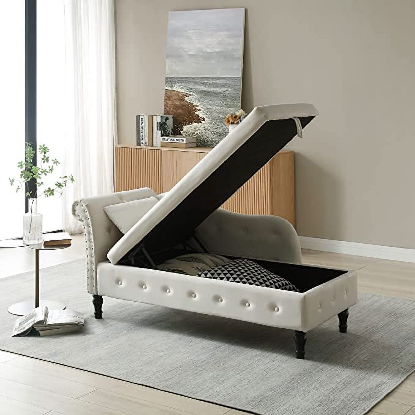 Velvet Storage Chaise Lounge with 1 Pillow and Nailhead Trimmed ...