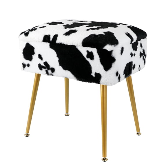 Velvet Storage Footrest Stool Ottoman Square Modern Upholstered Vanity Footstool Side Table Seat Dressing Chair with 4 Golden Metal Legs(Cow Pattern)