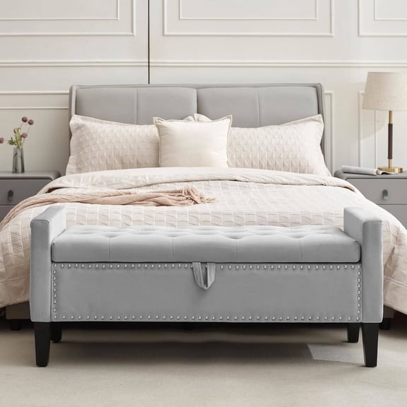 Velvet Storage Ottoman, 46" Button-Tufted End-of-Bed Bench, Grey