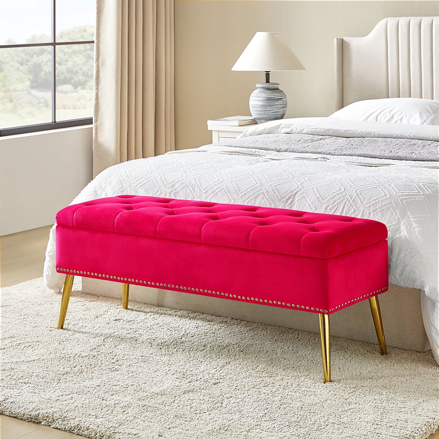 14 Karat Home Velvet Storage Bench Upholstered Tufted End of Bed Bench ...
