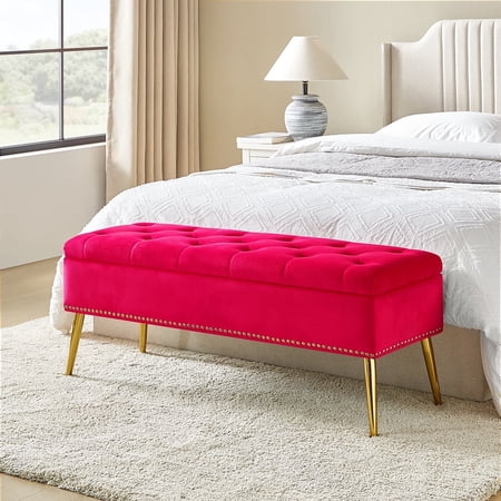 Tina's Home Velvet Storage Bench Upholstered Tufted End of Bed Bench Bedroom Entryway Fushia